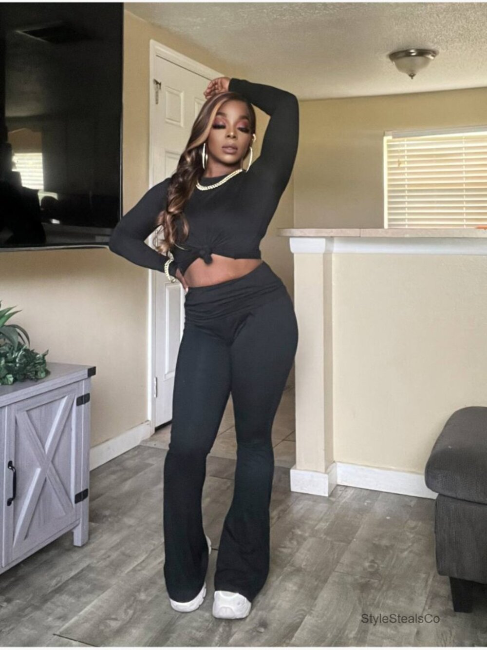 2 Piece Lounge Outfits Slim Long Sleeve Top High Waist Foldover Flare Leggings - Picture 7 of 7